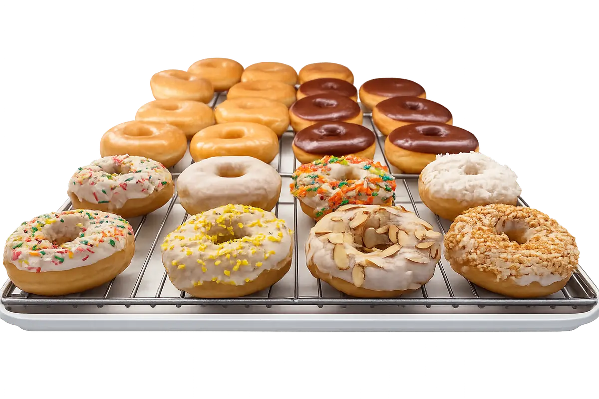 Glazed, chocolate-frosted, white-frosted, and sprinkled donuts on a tray at Atlanta Donuts.
