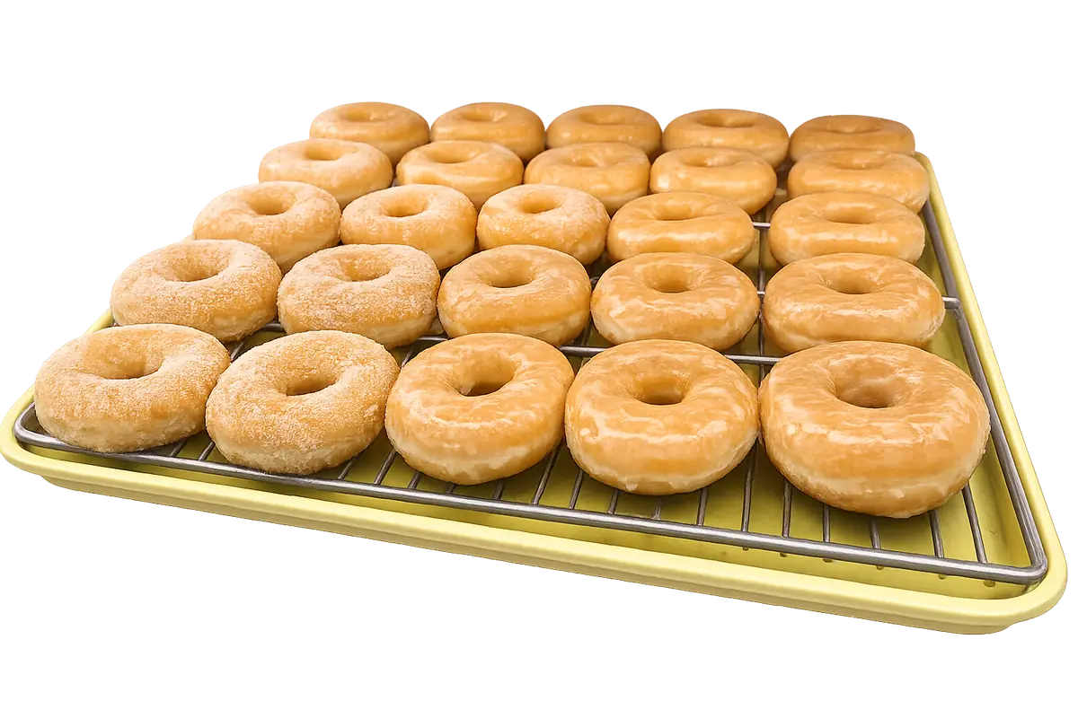 Rows of classic golden glazed ring donuts on a gold tray at Atlanta Donuts.